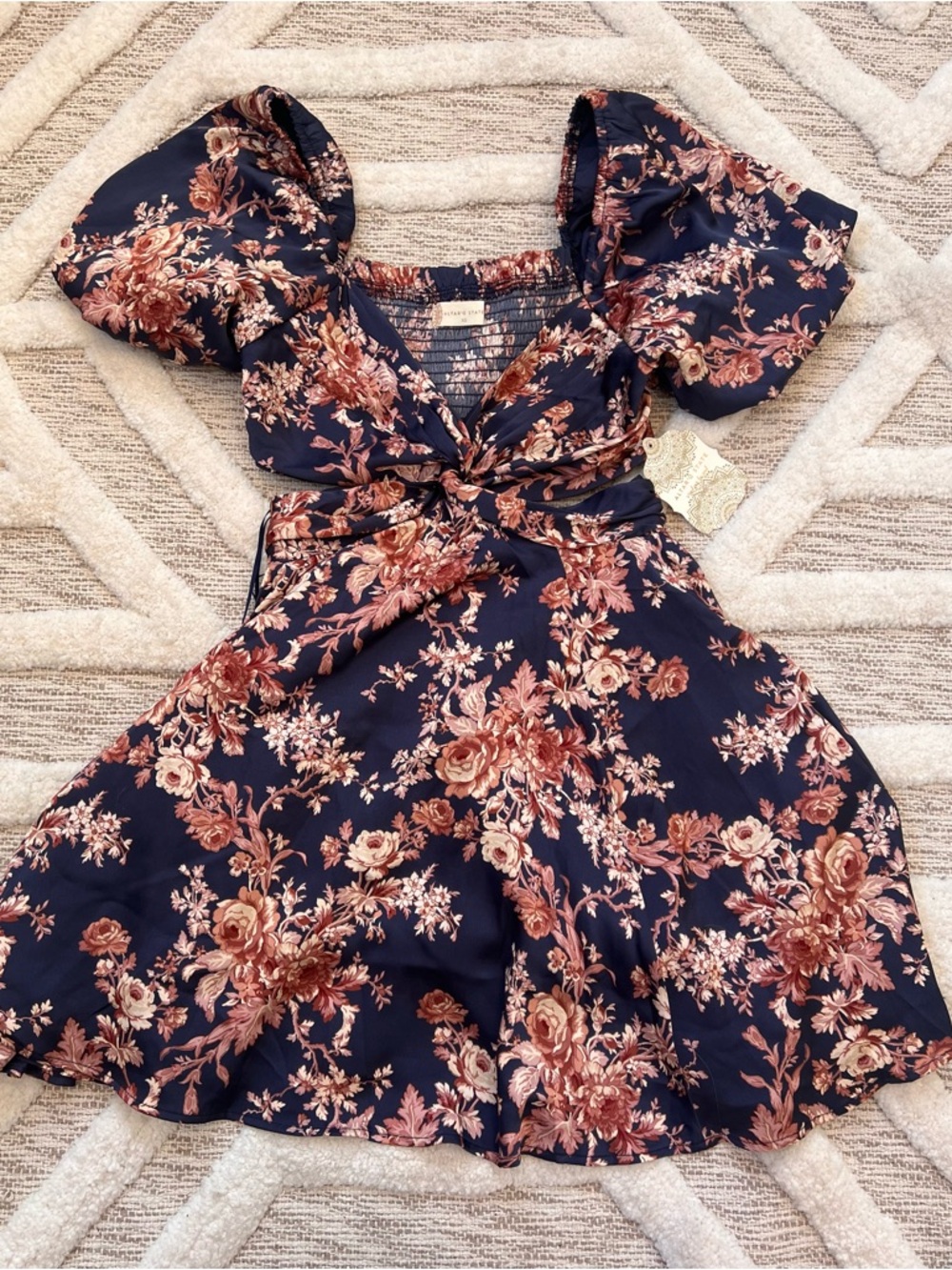 Altar’d State Floral Twist Tie Front Navy Pink Mini Dress XS NWT!